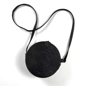 Round Rattan Crossbody Bag Black Woven Straw Leather Strap Summer Beach‎